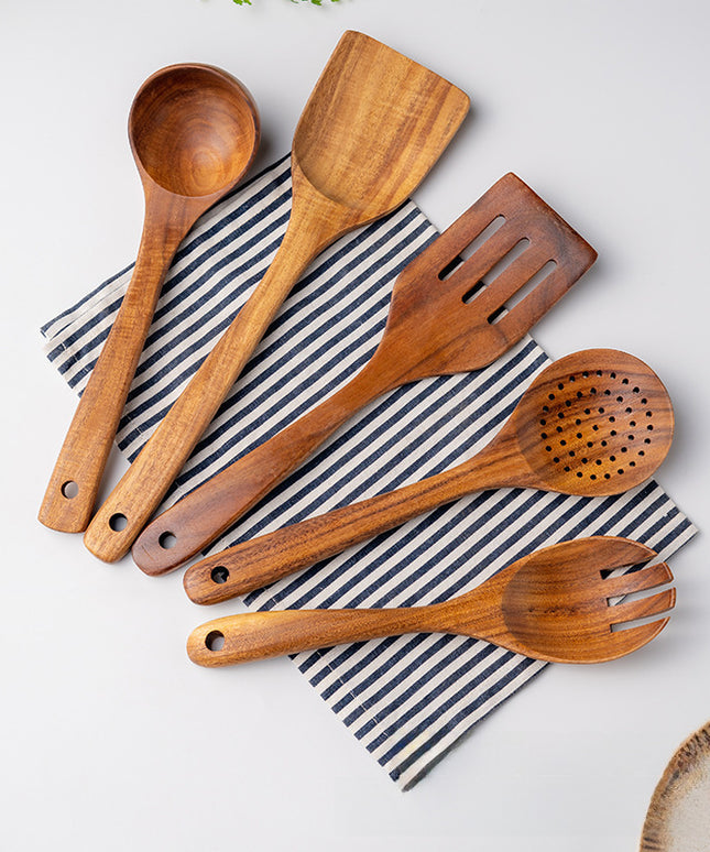Seven-piece Set Solid Jujube Wood Kitchen Utensils Non-stick Pancake Frying Kitchenware Soup Spoon Leak Spoon Full Dinnerware